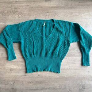 Free People Teal V-Neck Ribbed Sweater A54
